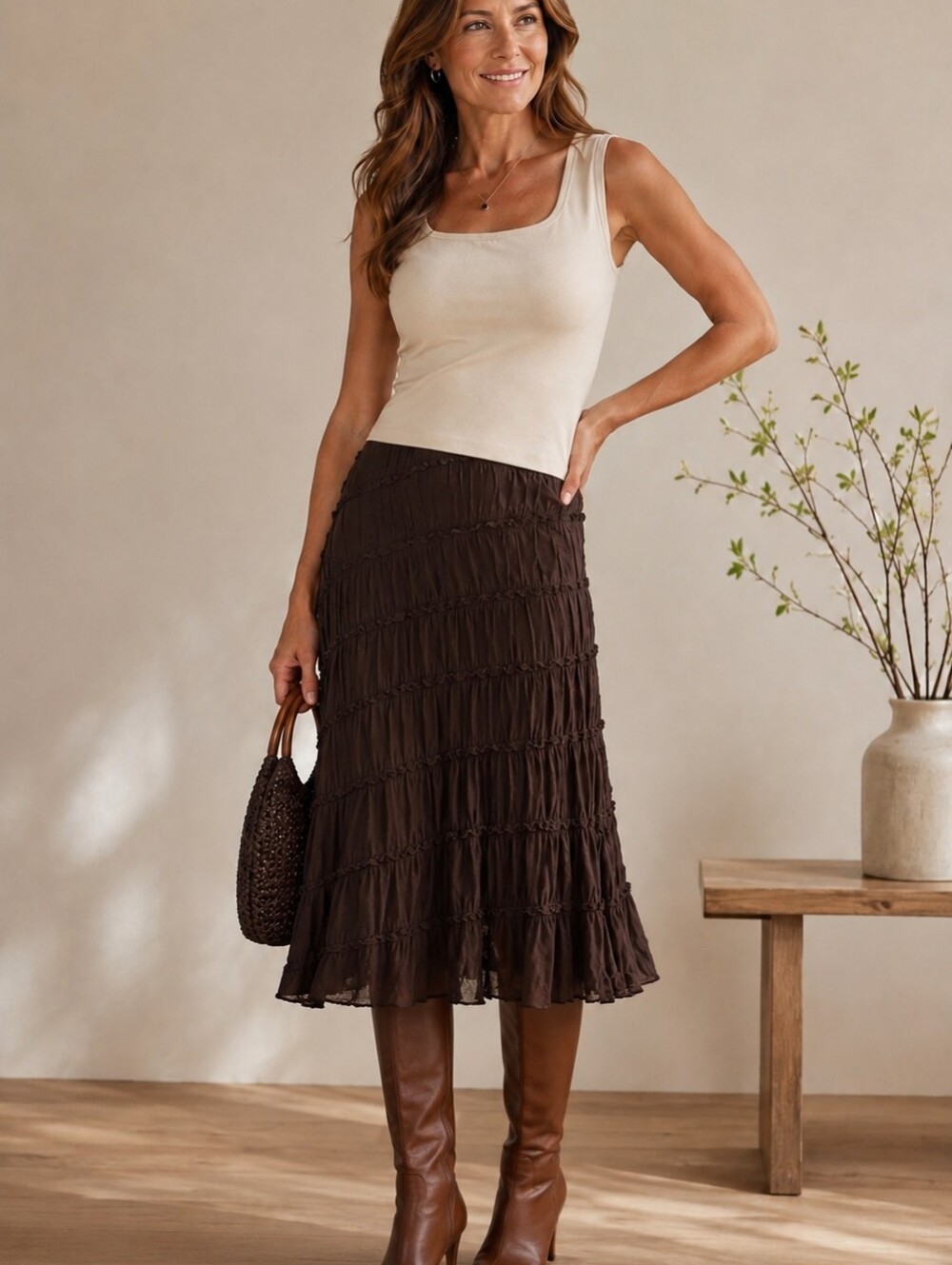 Jessica size 8 dark brown crinkled texture midi skirt. Boho Cottagecore.